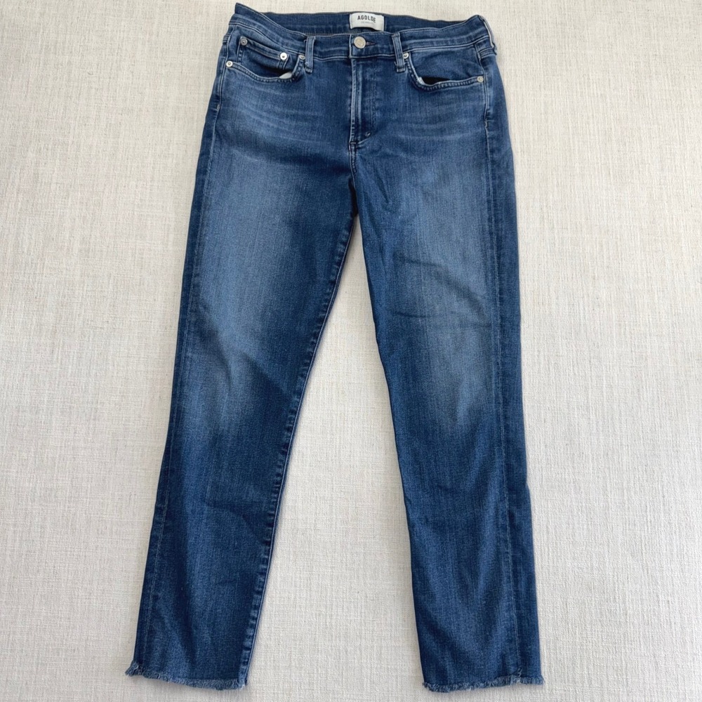 Agolde‎ Los Angeles Women's Sophie Straight Leg Jeans Blue Raw Hem Size 30